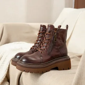 60mm Platform Boots Lace up Leather Martin Boots Big Toe Combat Boots in Green/Yellow/Coffee