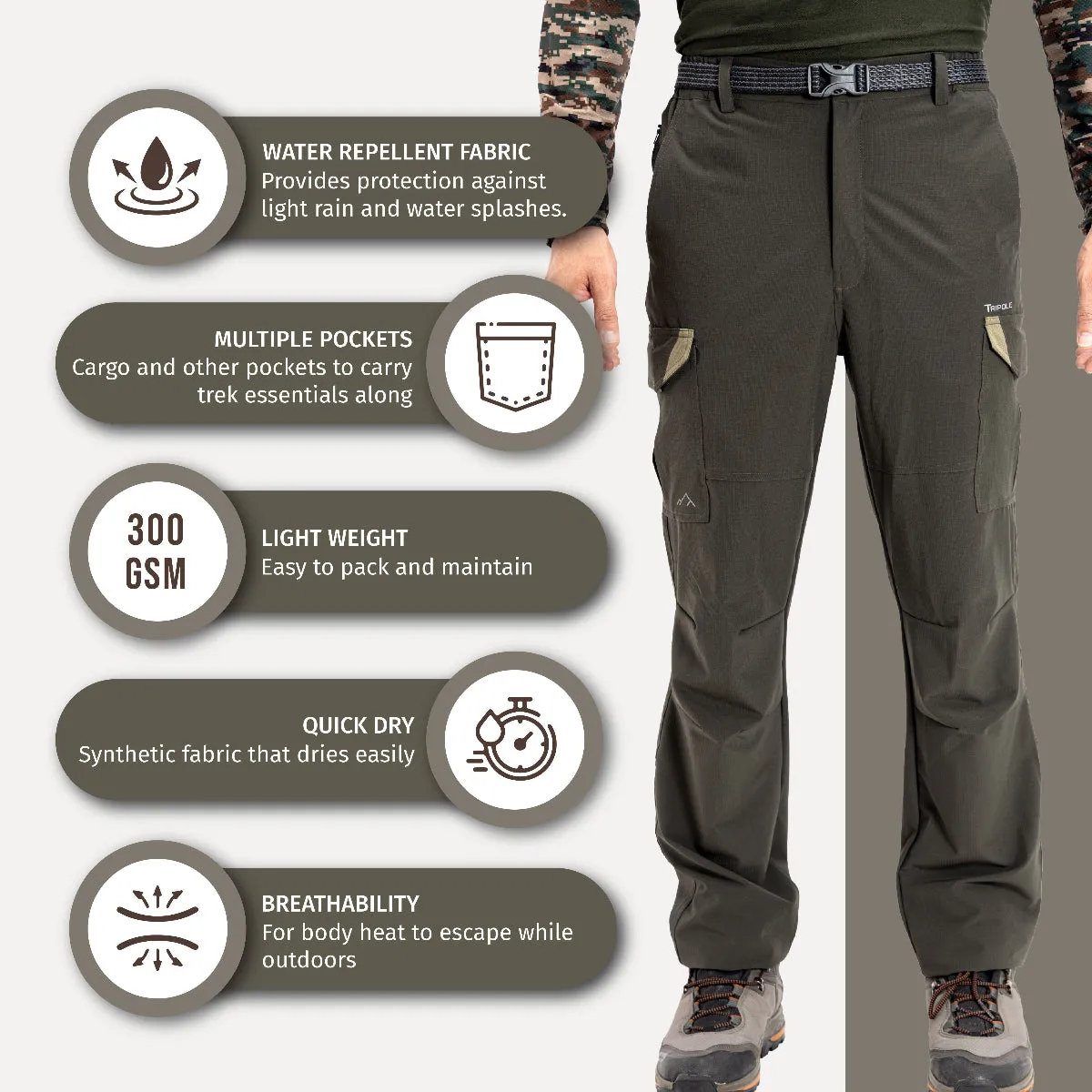 Cargo Trousers and Pants for Hiking and Travelling - Green