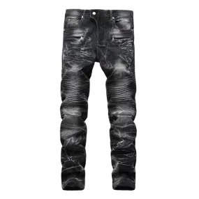 Motorcycle Casual Straight Pants Men's Jeans Mid Waisted Jeans