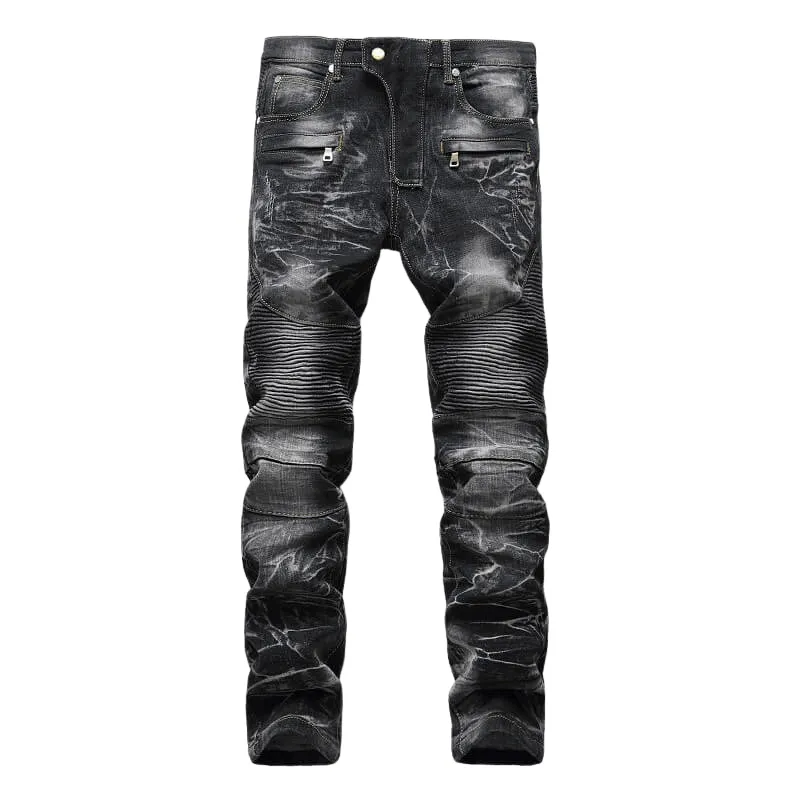 Motorcycle Casual Straight Pants Men's Jeans Mid Waisted Jeans