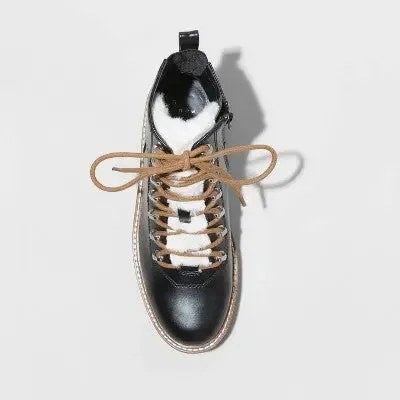Open Box - A New Day Women's Faux Leather Lace Up Ankle Hiking Boots Block Heel Memory Foam